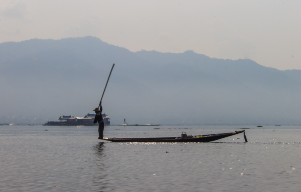 These fisherman also use a technique involving pounding the water with their oar to scare fish into their nets. 