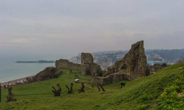 The ruins of Hastings Castle on a hill above the town. It was originally built by William the Conquerer after invading England in 1066. 